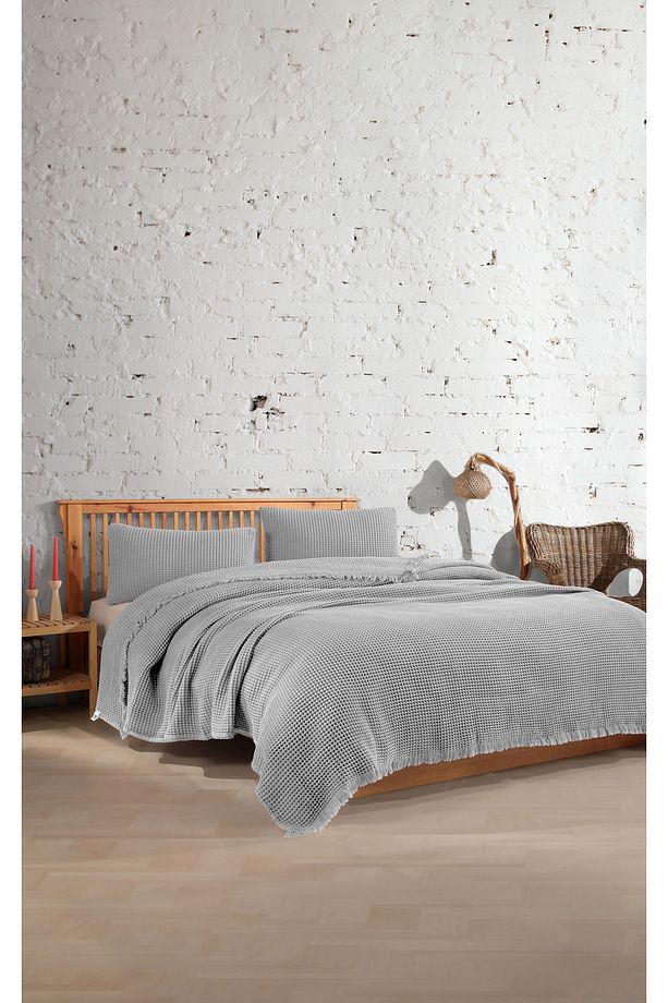 %100 Pamuk Tek Kişilik 160x240cm Waffle Yatak Örtüsü/1 Adet 50x70cm Yastık - 1