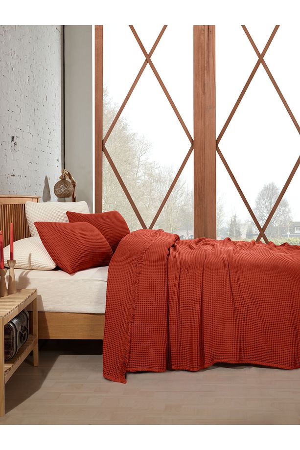 %100 Pamuk Waffle Tek Kişilik Yatak Örtüsü 160x240cm/1 Adet 50x70cm Yastık - 4