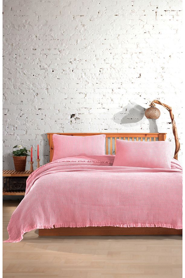 %100 Pamuk Waffle Tek Kişilik Yatak Örtüsü 160x240cm/1 Adet 50x70cm Yastık - 1