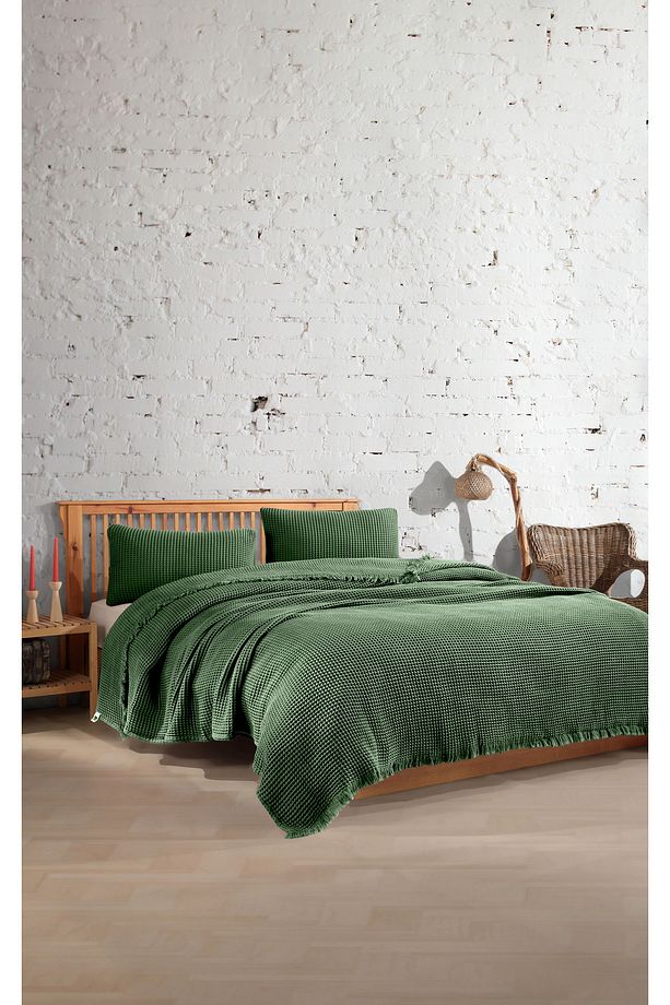 %100 Pamuk Tek Kişilik 160x240cm Waffle Yatak Örtüsü/1 Adet 50x70cm Yastık - 1