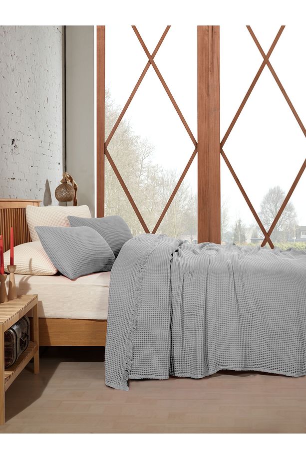 %100 Pamuk Tek Kişilik 160x240cm Waffle Yatak Örtüsü/1 Adet 50x70cm Yastık - 4