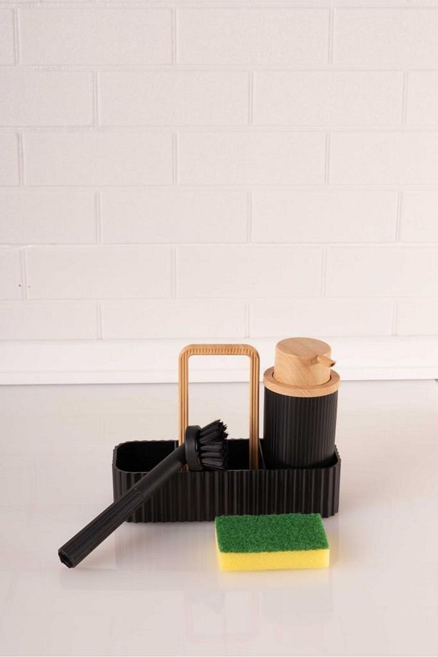 Bambu Desenli Fırçalı ve Sünger Hazneli Sıvı Sabunluk, Standlı Mutfak Banyo Deterjanlığı, Siyah - 4