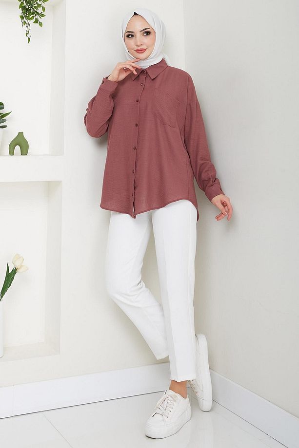 Tek Cepli Uzun Kol Oversize Keten Gömlek Gül Kurusu HM2651 - 2
