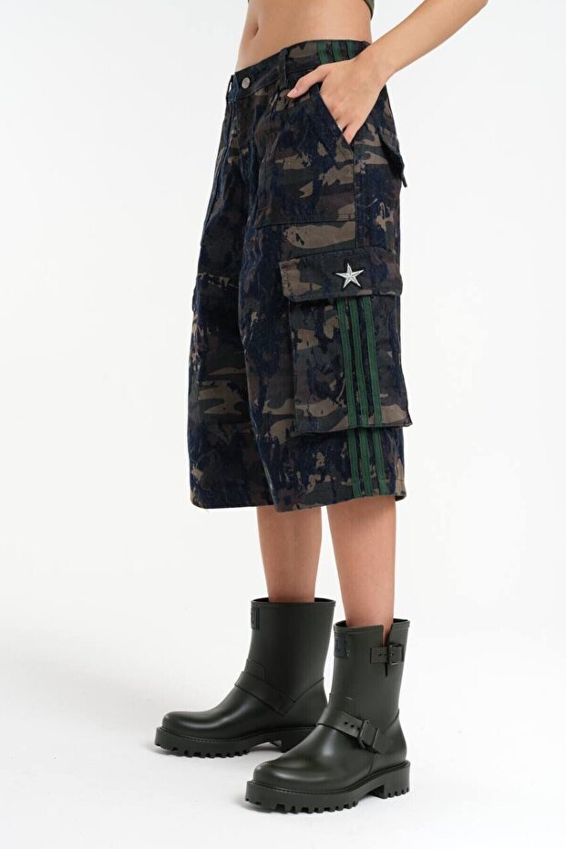 Kamuflaj Baskılı Denim Bermuda - 2