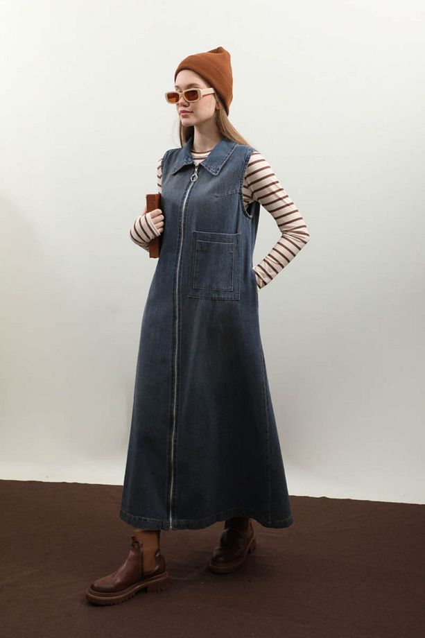 Fermuarlı Denim Jile Koyu Mavi - 2