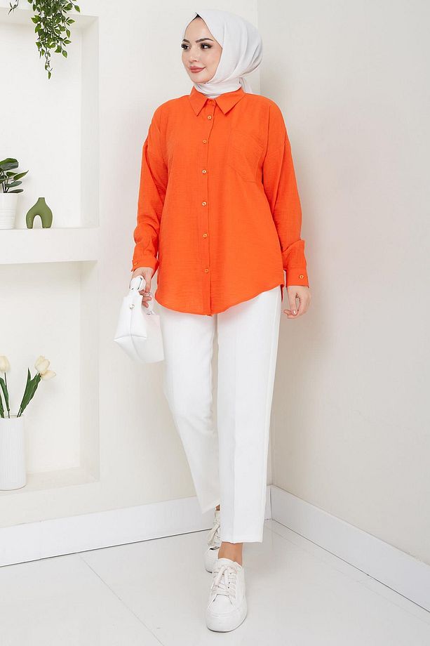 Tek Cepli Uzun Kol Oversize Keten Gömlek Mercan HM2651 - 4