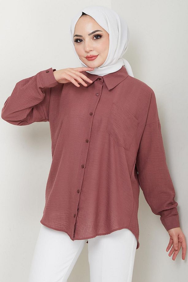 Tek Cepli Uzun Kol Oversize Keten Gömlek Gül Kurusu HM2651 - 6