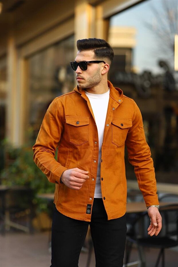 Hardal Renk Kapüşonlu Kot Ceket - 2