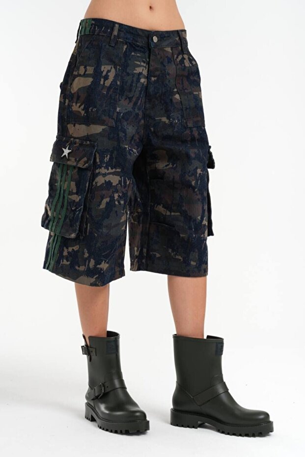 Kamuflaj Baskılı Denim Bermuda - 1