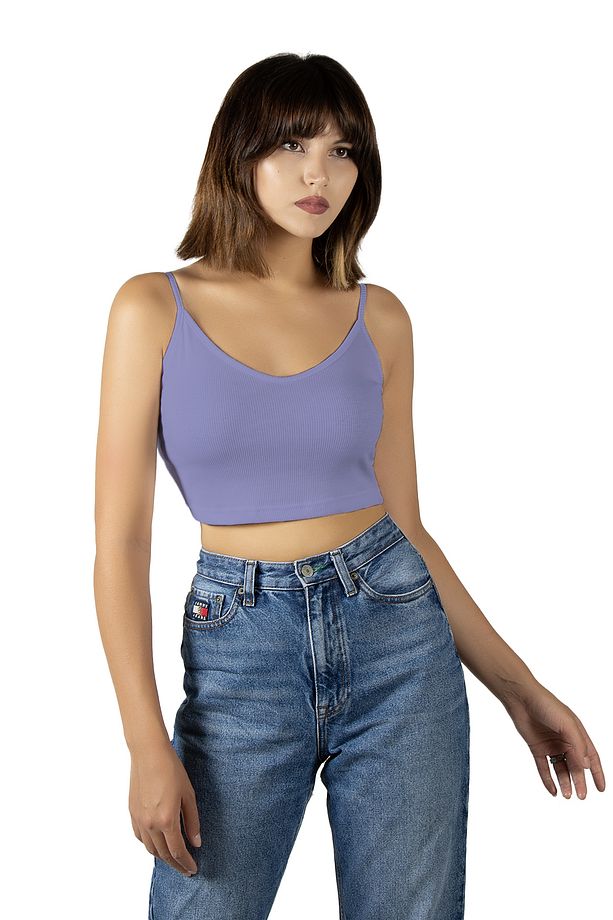 Mor İp Askılı Fitted/Vücuda Oturan Fitili Örme Crop Top Bluz - 2