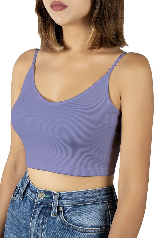 Mor İp Askılı Fitted/Vücuda Oturan Fitili Örme Crop Top Bluz - 3