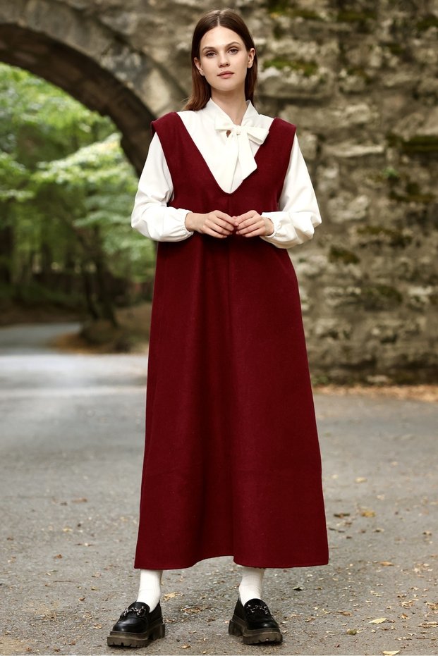 Burgundy Stamp Long Winter V-Neck Gilet Dress
