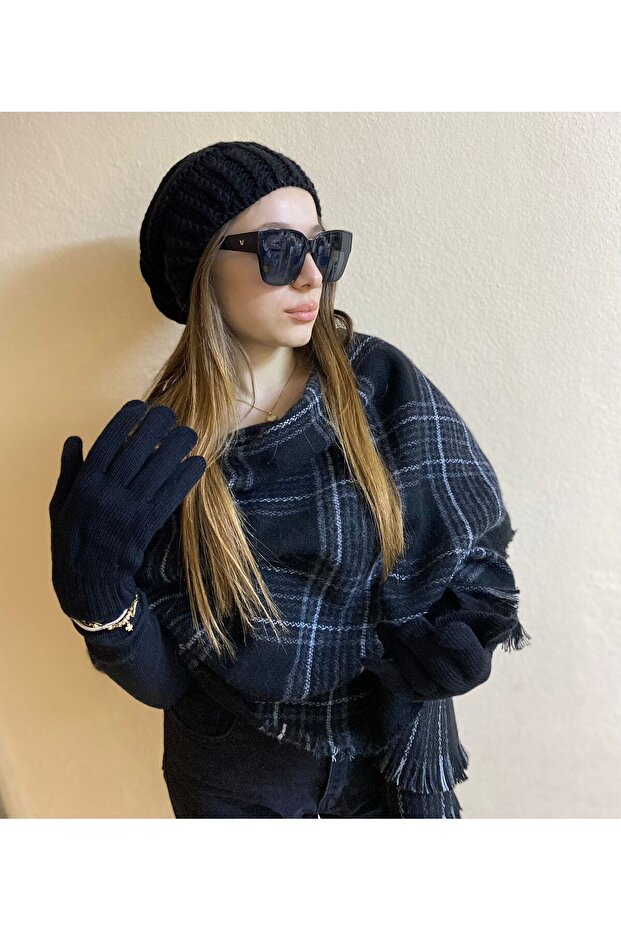 Black Plaid Shawl and Pompom Beanie and Gloves Set for Valentine's Day 3 Pieces - Scarf Shoulder Shawl