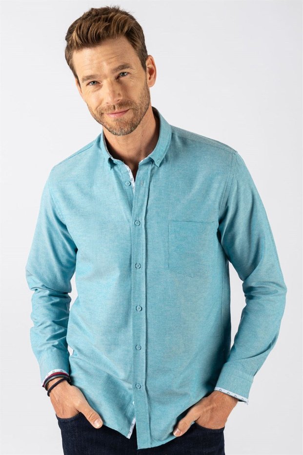Men's Regular Fit Classic Cut Cotton Oxford Texture Petrol Color Button Lapel Shirt