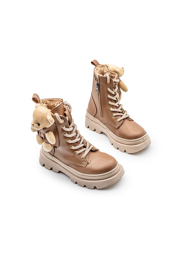 Unisex Erkek-Kız Çocuk Ayıcık Suya Dayanıklı Bağcıklı Kışlık Tüylü İç Astarlı Bot Ayakkabı FK3374 - 2