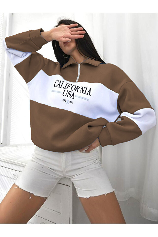 California Usa Printed Piece Color Half Zip Polo Neck Sweatshirt with Fleece Inside Winter Unisex