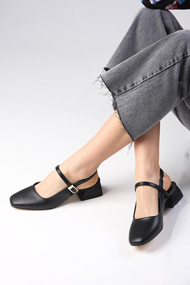 Ella Black Color Open Back Women's Low Heeled Shoes
