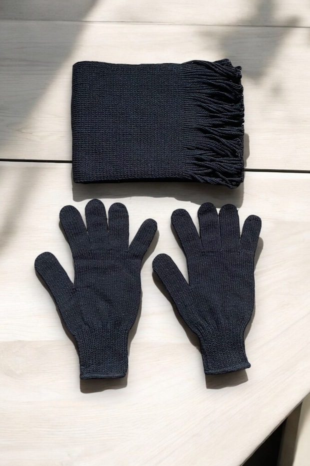 Unisex Siyah Triko Atkı-Eldiven Seti - 1