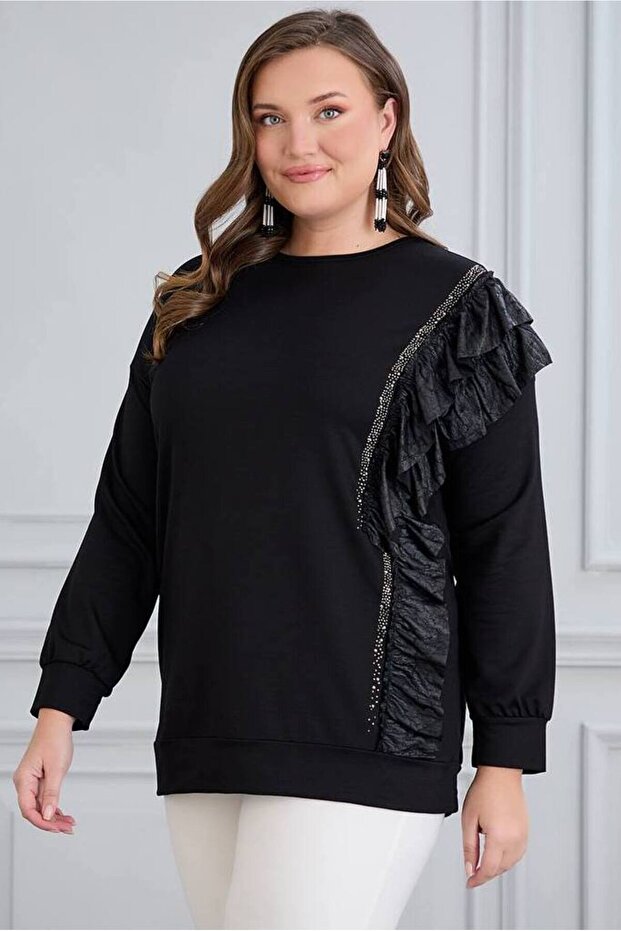 Women's Plus Size Side Faux Leather Ruffle Stone Detail Stretchy Viscose Blouse