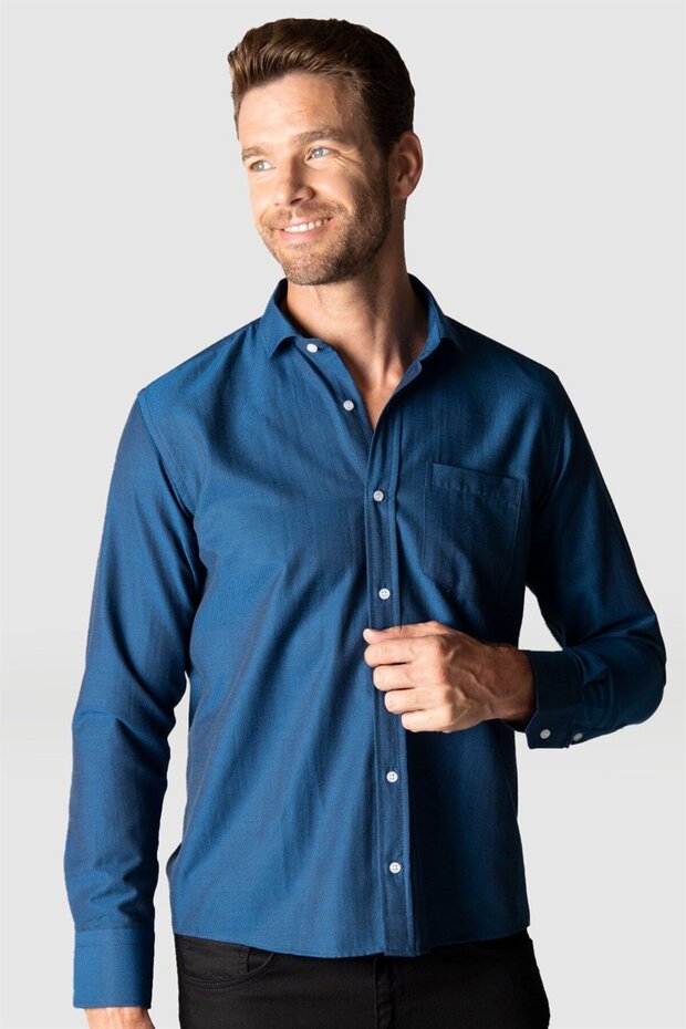 Men's Regular Fit Classic Cut Cotton Easy Ironing Dobby Sax Blue Shirt