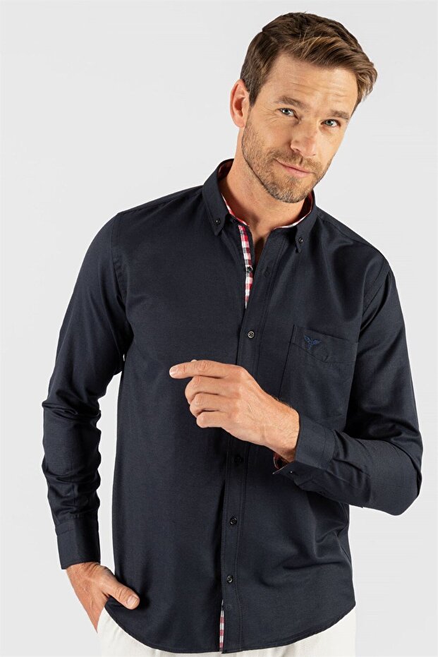 Men's Regular Fit Classic Cut Cotton Oxford Texture Single Pocket Navy Blue Button Lapel Shirt