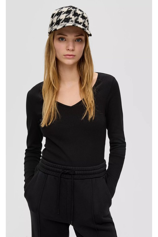 Women's Black V-Neck Long Sleeve T-Shirt & Blouse, Ribbed Camisole Fabric