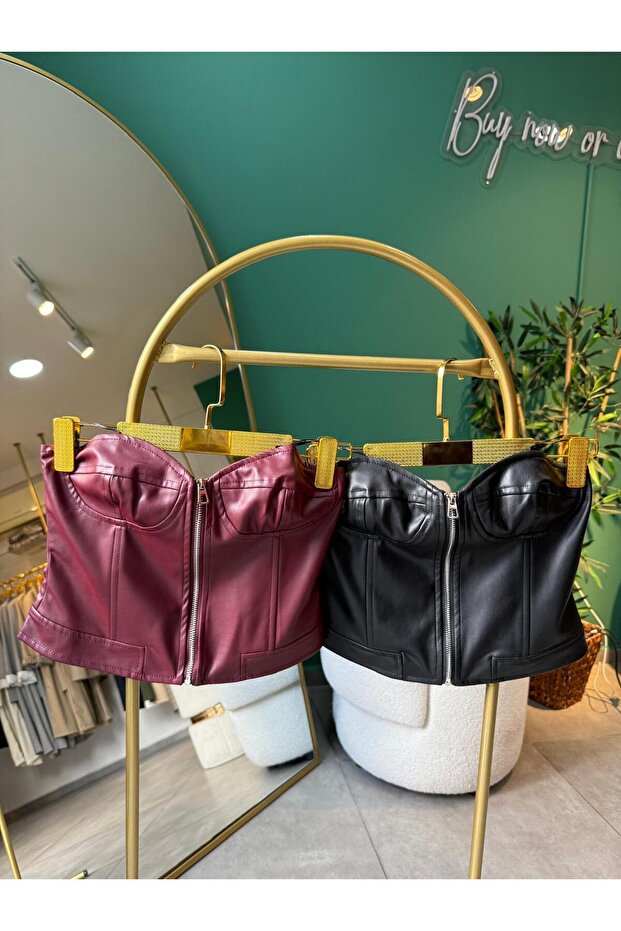 Bordo Deri Büstiyer - 4