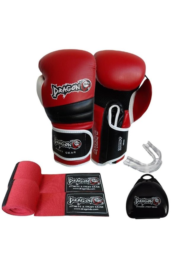 Dragon Attack 6 Boxing Gloves Kick Boxing Muay Thai Boxing Gloves Bandage and Mouthguard Set of 3
