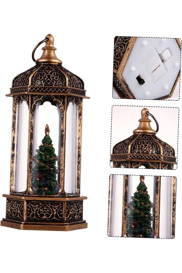 Yılbaşı Süslü Ağaç Tasarımlı Gold Sulu Simli Fener Tipi Işıklı Küre Retro Biblo Fener - 3