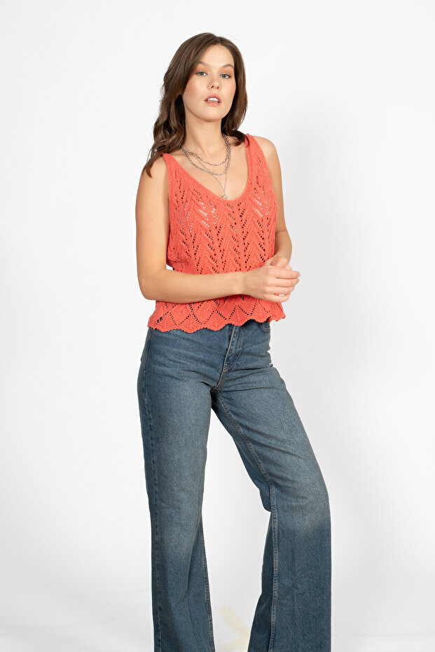 Kadın Askılı Ajurlu Triko Bluz Mercan - 1