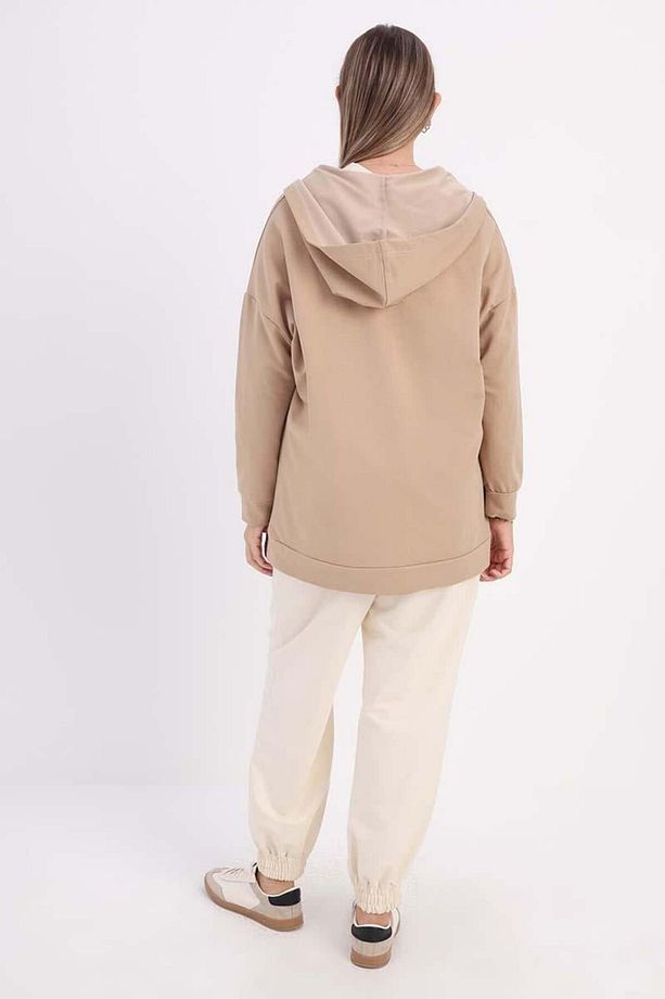 Açık Vizon-Fermuarlı Sweat Hırka - 4