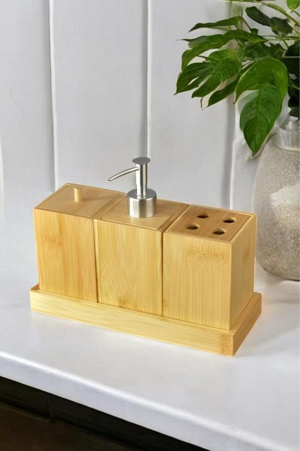 Bambu 4 Parça Banyo Seti Sabunluk Diş Fırçalık Pamukluk Seti C-1-1-18 - 1