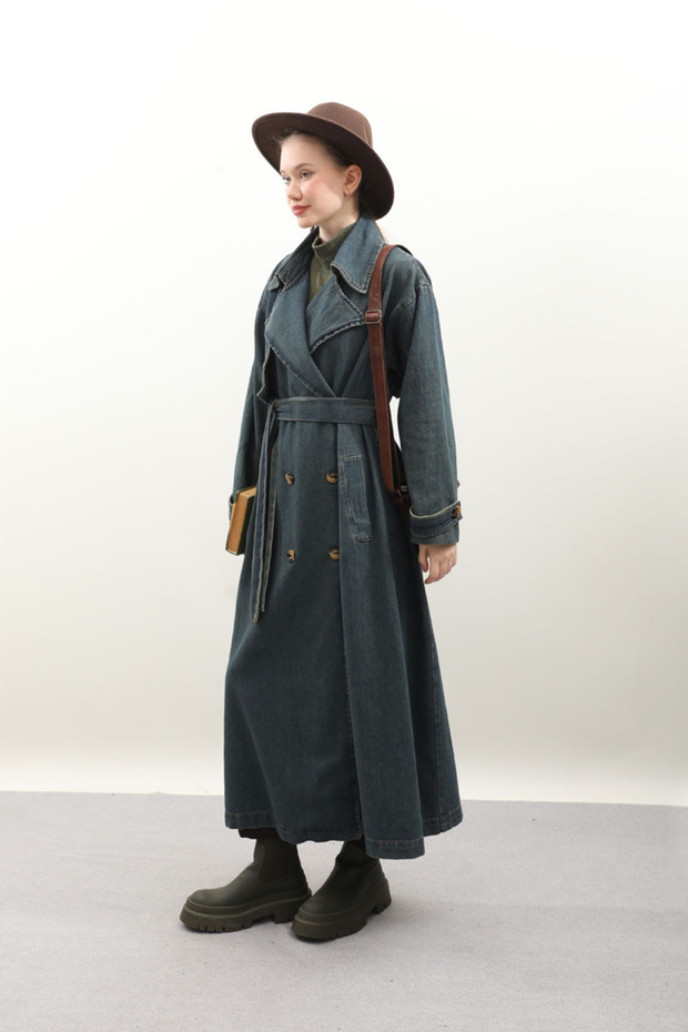 Oversize Denim Trençkot Koyu Mavi - 4