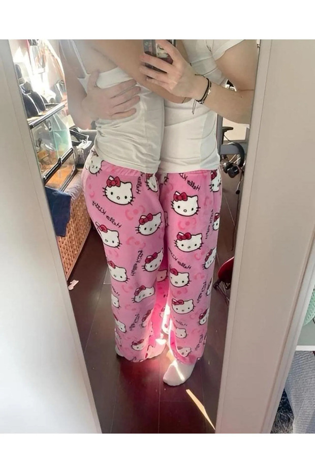 Harajuku Hello Kitty Plush Halloween Printed Unisex Oversize Wide Leg Pajamas
