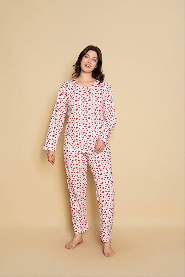 Women's Jersey Crew Neck Beige Long Sleeve Pajama Set
