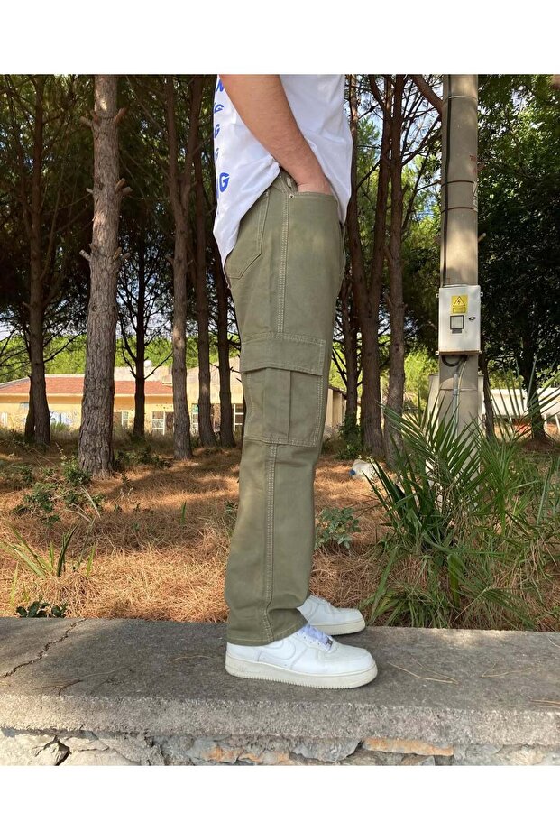 Men's Khaki Green Baggy Pants Cargo Pocket Jeans