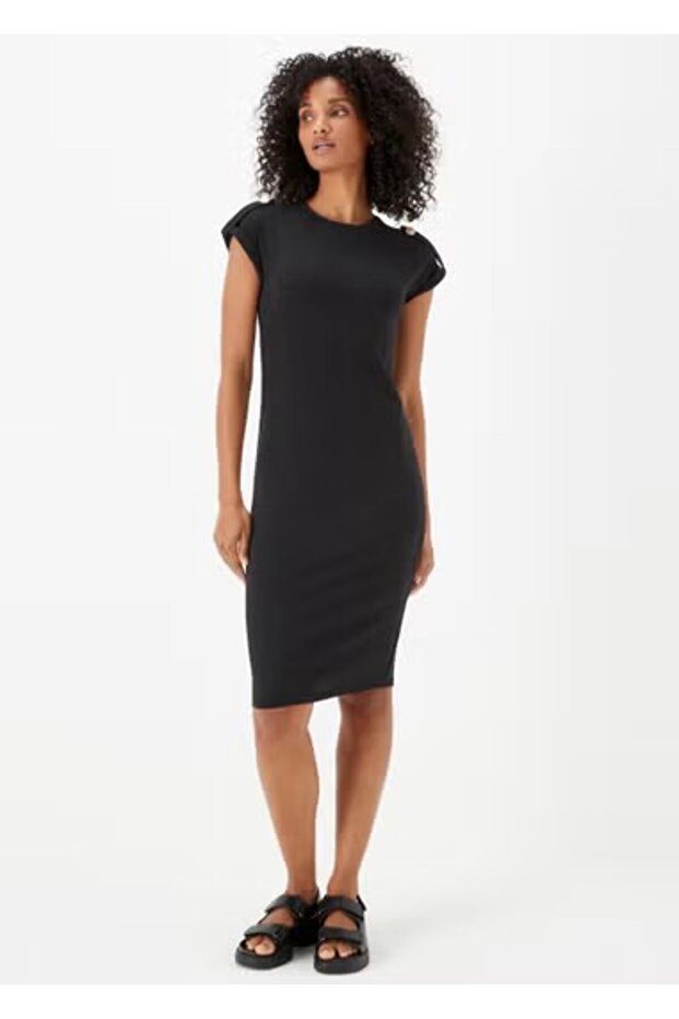 2487 Women's Black Shoulder Buttons Midi Dress