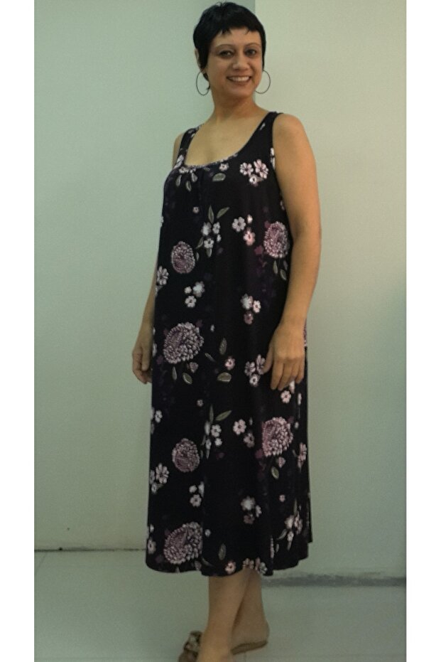 Black Purple Floral Print Gathered Front Back Combed Cotton Viscose Dress