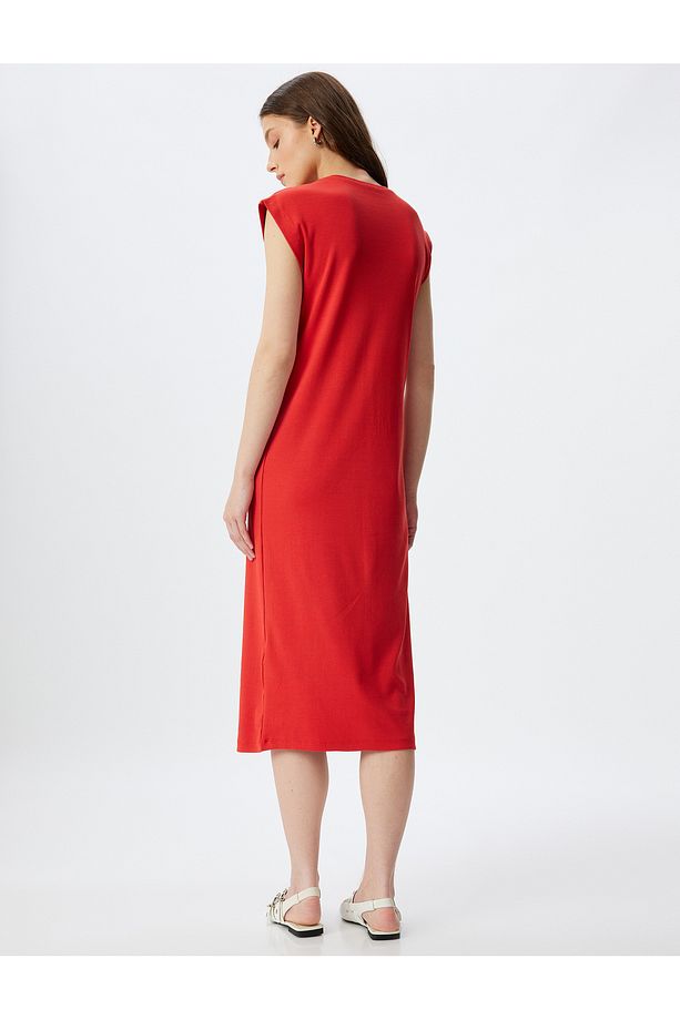 Midi Bodycon Elbise Kısa Kollu Bisiklet Yaka Fitilli - 4