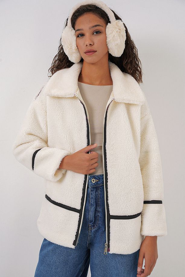 5173 Astarlı Peluş Ceket - Ekru - 1
