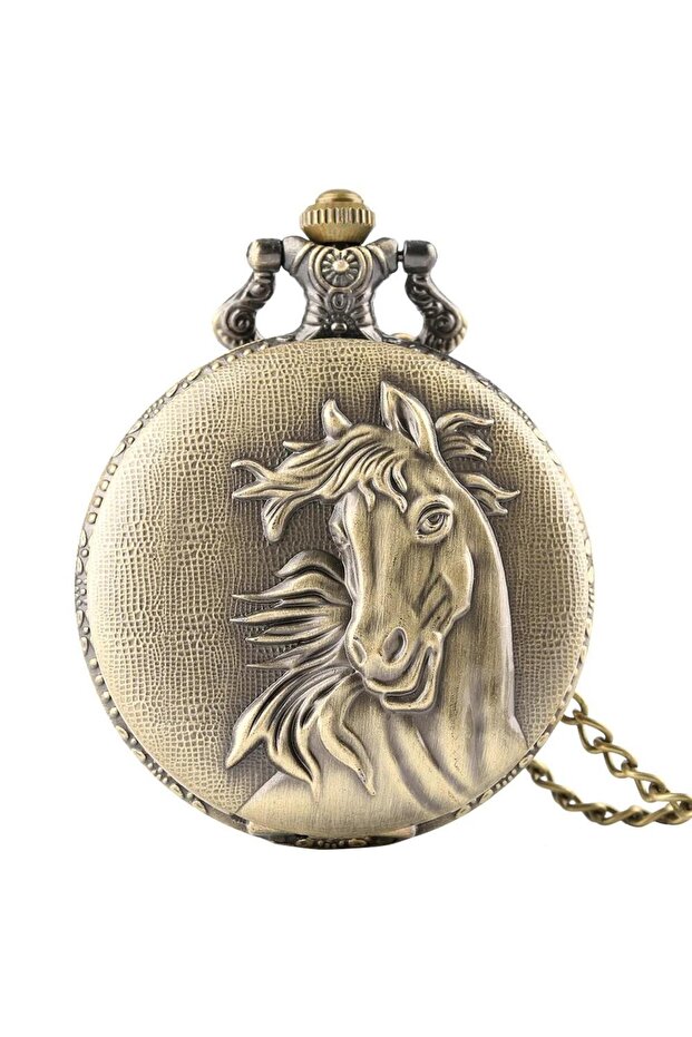 Bronze Color Embossed Horse Themed Pocket Watch with Chain Sl8095