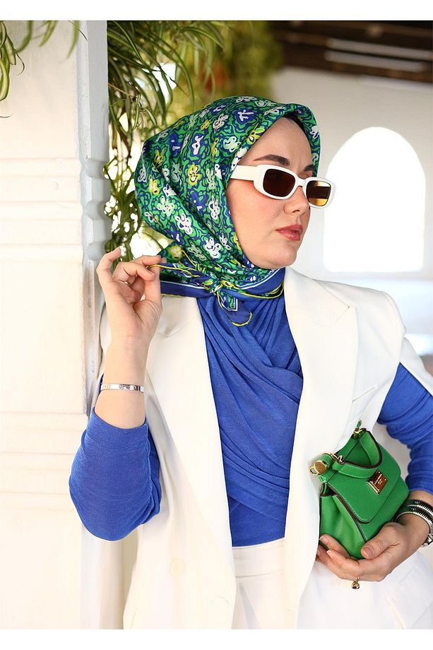 Saks Mavisi Çıtır Çiçek Desenli Tivil İpek Eşarp - 2