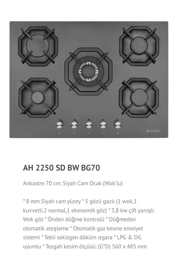 Ec-ah 2250 Bw Bg70 Sng 5 Gözü Gazlı(WOK GÖZLÜ) 70 Cm Siyah Cam Ankastre Gömmeli Ocak - 5