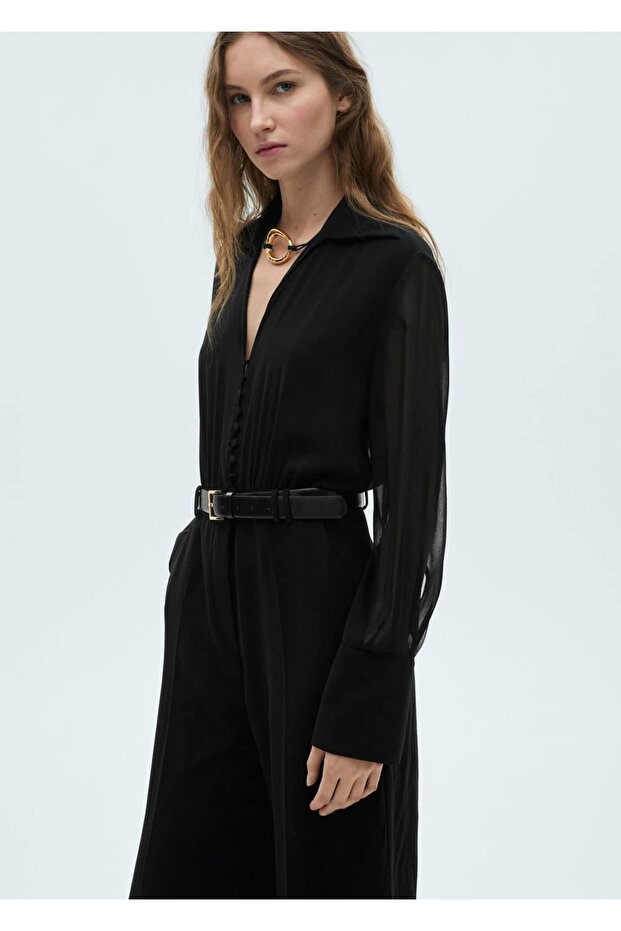 Semi-Transparent Sleeve Belt Jumpsuit