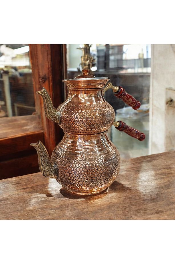 Bakır Çaydanlık Kalın Büyük Çaydanlık Özel Bakır Petek Desenli Çaydanlık El İşlemeli Bakır Demlik - 1