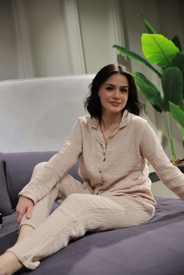 Natural Cotton Long Sleeve Muslin Women's Pajamas Set Comfort and Elegance Together!
