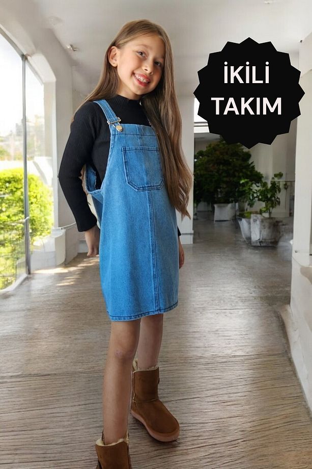 Kız Çocuk Acık Mavi Takım Jile Kot Baskılı Elbise - 1