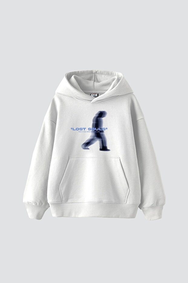 Lost Souls Printed Oversize Unisex Premium White Hoodie