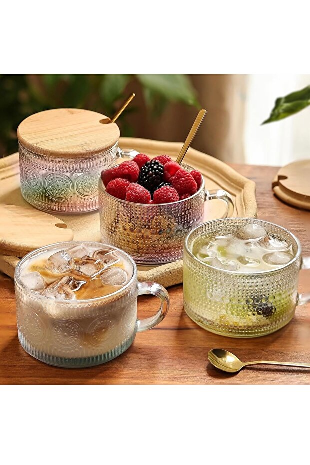 2Pcs 420ml Irish Vintage Bamboo Embossed Coffee Cup with Lid and Spoon, Dessert Presentation Mug