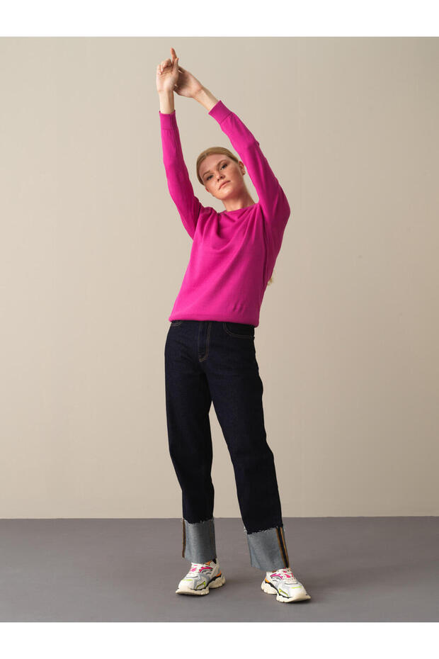 Kadın Fuşya Pamuk Dokulu Regular Fit Kazak - 3